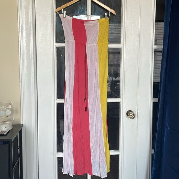 3/$15 Summer casual long maxi dress strapless pink white yellow boho beach - Picture 3 of 11